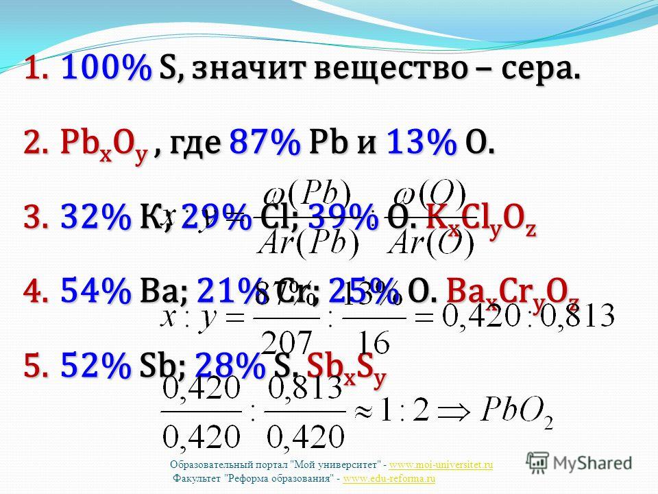 1. 100% S, значит вещество – сера. 2. Pb x O y, где 87% Pb и 13% О. 3. 32% К; 29% Cl; 39% O. K x Cl y O z 4. 54% Ba; 21% Cr; 25% O. Ba x Cr y O z 5. 52% Sb; 28% S. Sb x S y Образовательный портал 