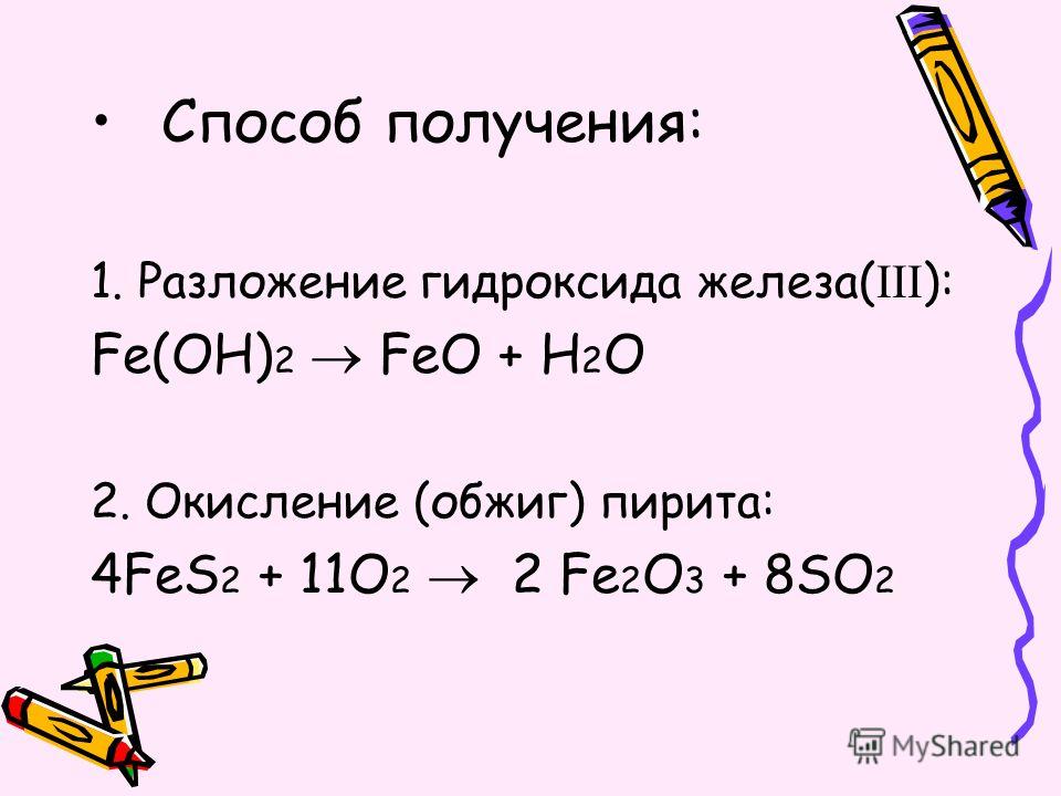 Способ получения: 1. Разложение гидроксида железа( ): Fe(OH) 2 FeO + H 2 O 2. Окисление (обжиг) пирита: 4FeS 2 + 11O 2 2 Fe 2 O 3 + 8SO 2