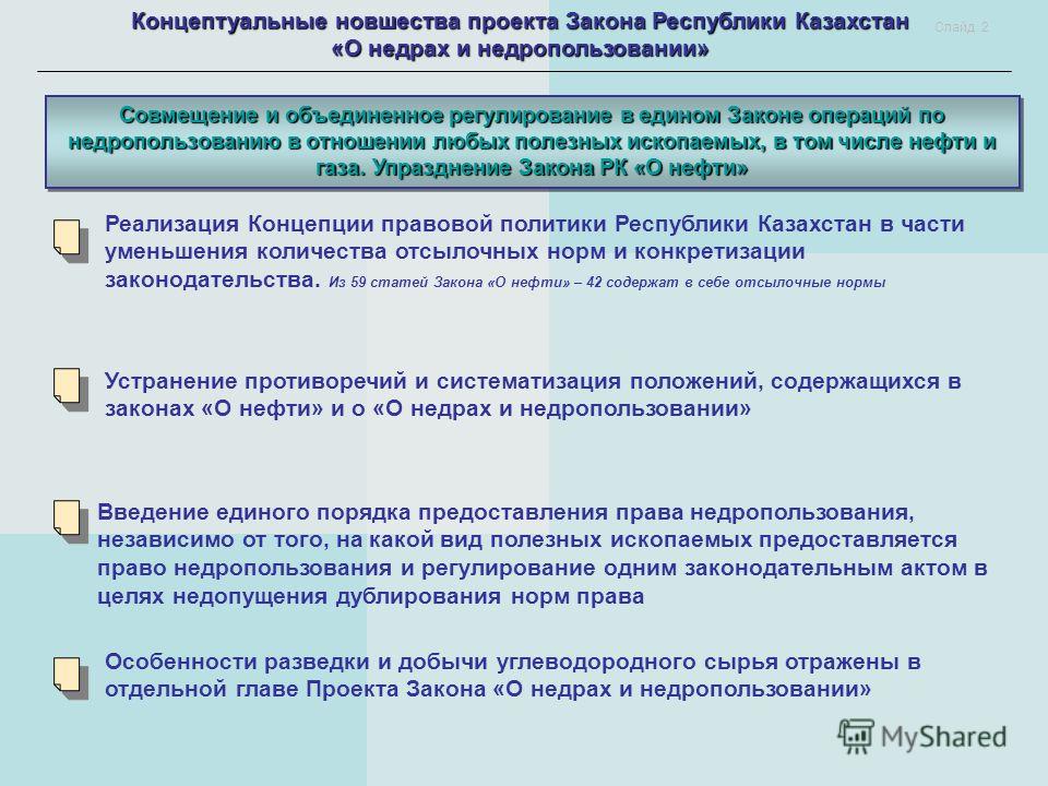 Презентация на тему: "Проект Закона РК "О недрах и недропользовании" Астана, 201