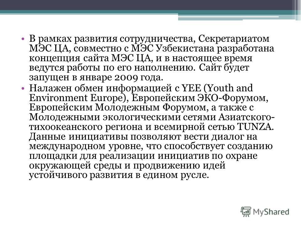 В рамках развития сотрудничества, Секретариатом МЭС ЦА, совместно с МЭС Узбекистана разработана концепция сайта МЭС ЦА, и в настоящее время ведутся работы по его наполнению. Сайт будет запущен в январе 2009 года. Налажен обмен информацией с YEE (Yout
