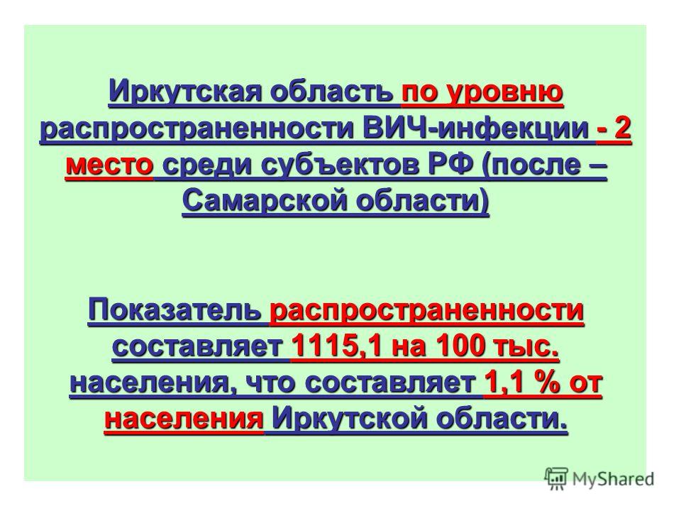 Иркутская область по уровню распространенности ВИЧ-инфекции - 2 место среди субъектов РФ (после – Самарской области) Показатель распространенности составляет 1115,1 на 100 тыс. населения, что составляет 1,1 % от населения Иркутской области.