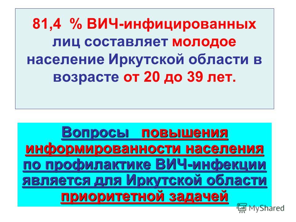 81,4 % ВИЧ-инфицированных лиц составляет молодое население Иркутской области в возрасте от 20 до 39 лет. Вопросы повышения информированности населения по профилактике ВИЧ-инфекции является для Иркутской области приоритетной задачей
