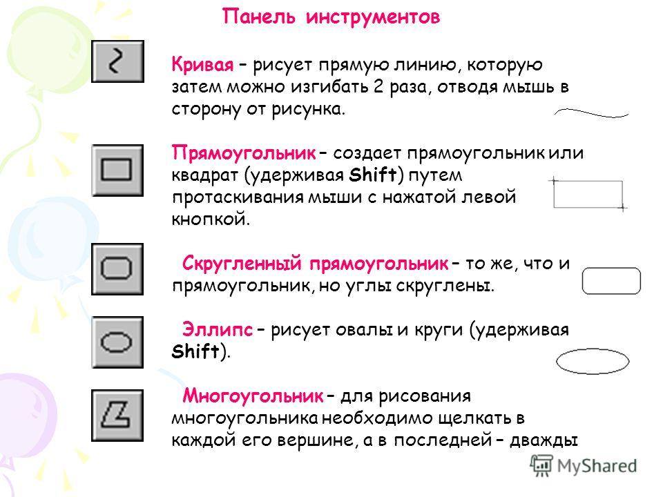 Кривая – рисует прямую линию, которую затем можно изгибать 2 раза, отводя мышь в сторону от рисунка. Прямоугольник – создает прямоугольник или квадрат (удерживая Shift) путем протаскивания мыши с нажатой левой кнопкой. Скругленный прямоугольник – то 