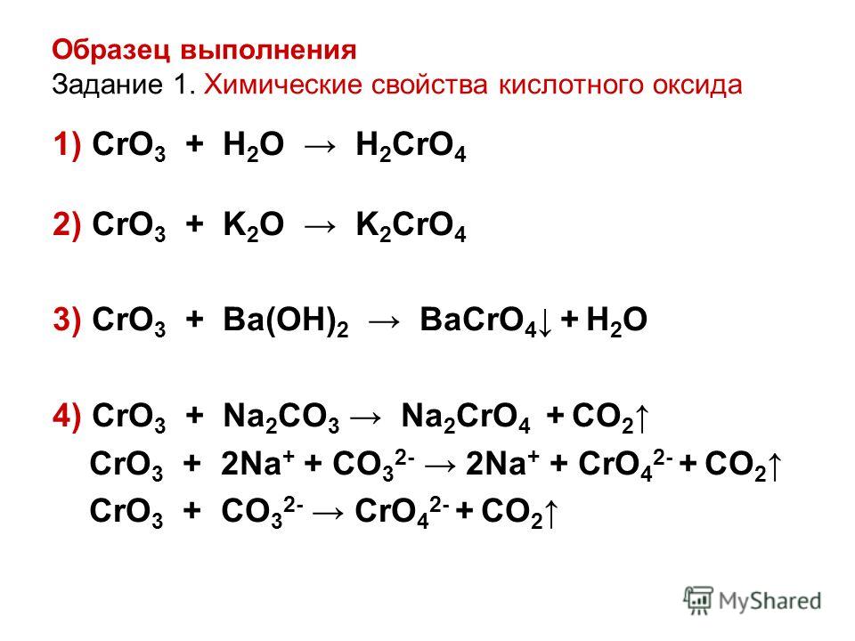 Образец выполнения Задание 1. Химические свойства кислотного оксида 1) CrO 3 + H 2 O H 2 CrO 4 2) CrO 3 + K 2 O K 2 CrO 4 3) CrO 3 + Ba(OH) 2 BaCrO 4 + H 2 O 4) CrO 3 + Na 2 CO 3 Na 2 CrO 4 + CO 2 CrO 3 + 2Na + + CO 3 2- 2Na + + CrO 4 2- + CO 2 CrO 3