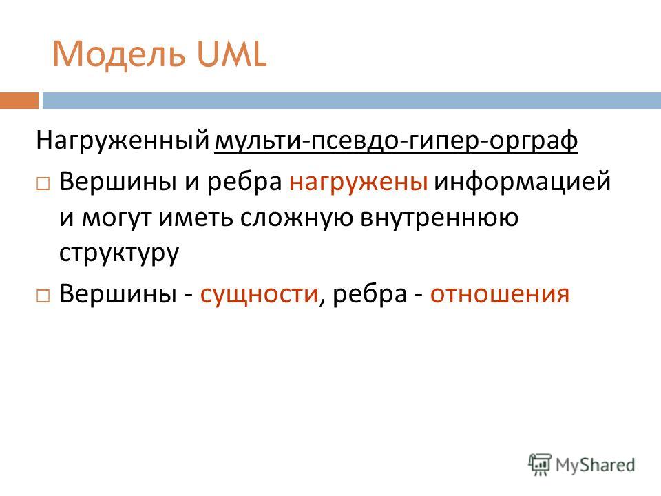 Модель UML Нагруженный мульти - псевдо - гипер - орграф Вершины и ребра нагружены информацией и могут иметь сложную внутреннюю структуру Вершины - сущности, ребра - отношения