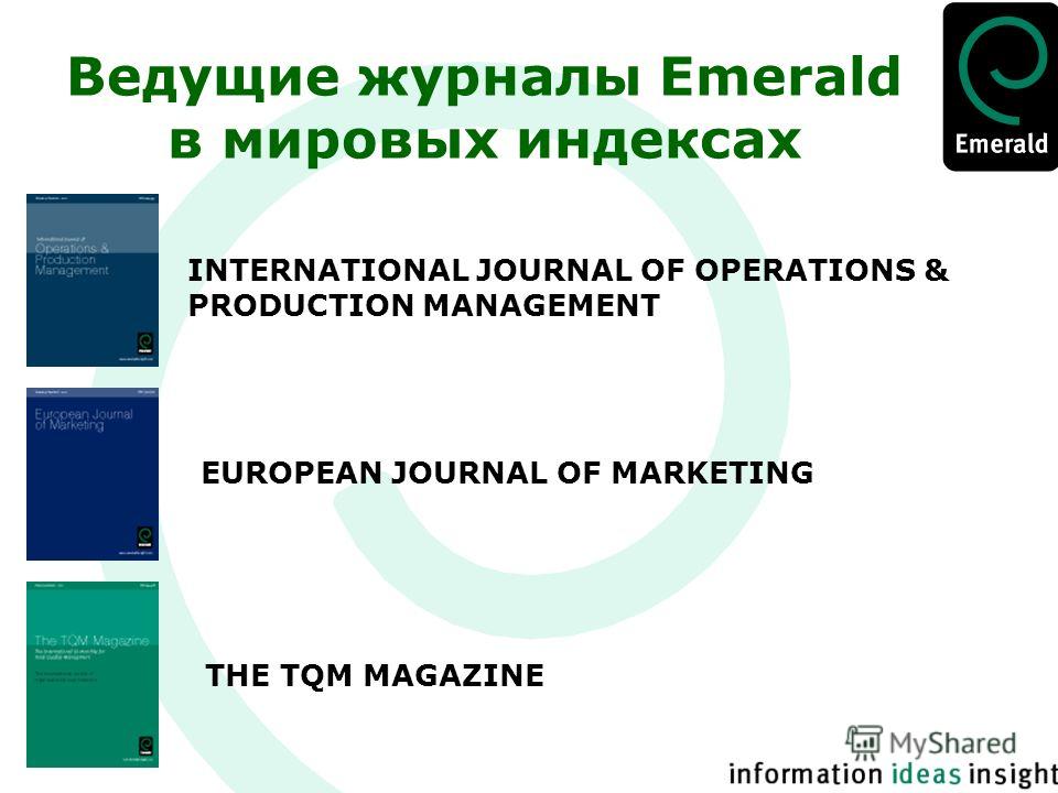 Ведущие журналы Emerald в мировых индексах INTERNATIONAL JOURNAL OF OPERATIONS & PRODUCTION MANAGEMENT EUROPEAN JOURNAL OF MARKETING THE TQM MAGAZINE