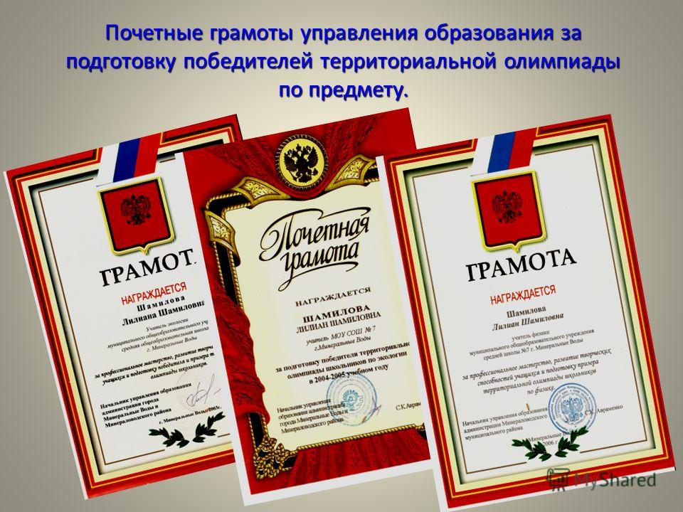 Почетные грамоты управления образования за подготовку победителей территориальной олимпиады по предмету.