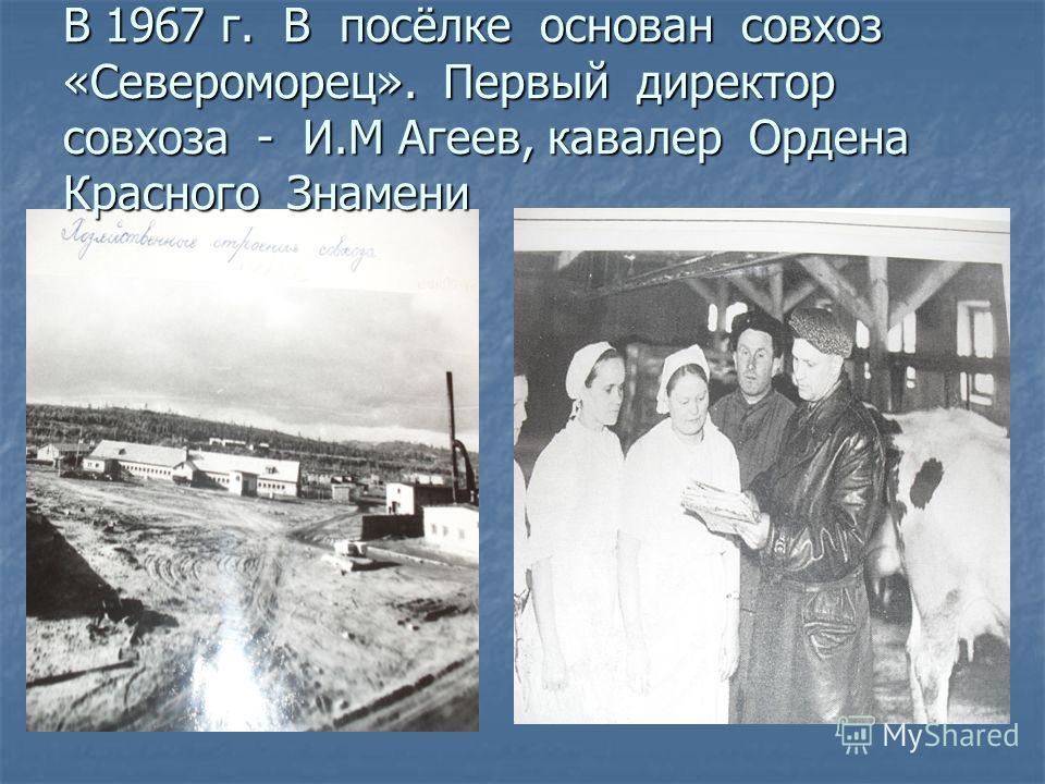 В 1967 г. В посёлке основан совхоз «Североморец». Первый директор совхоза - И.М Агеев, кавалер Ордена Красного Знамени