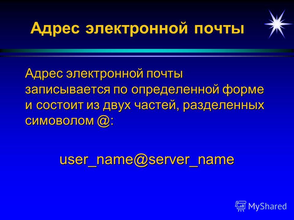 Адрес электронной почты Адрес электронной почты записывается по определенной форме и состоит из двух частей, разделенных симоволом @: user_name@server_name