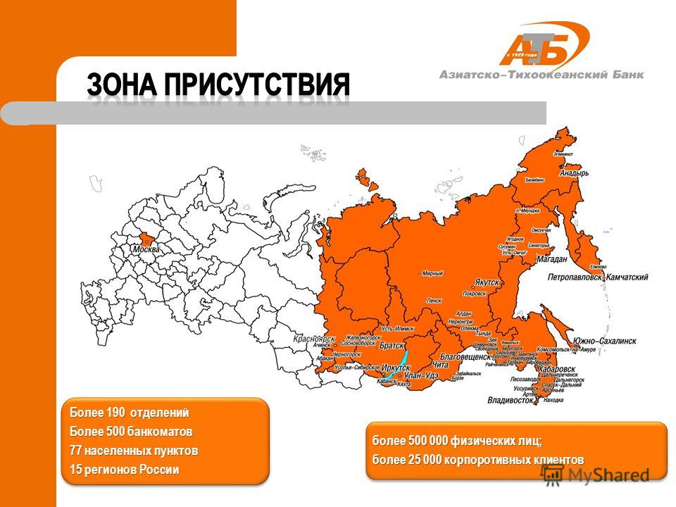 Более 190 отделений Более 500 банкоматов 77 населенных пунктов 15 регионов России более 500 000 физических лиц; более 25 000 корпоротивных клиентов