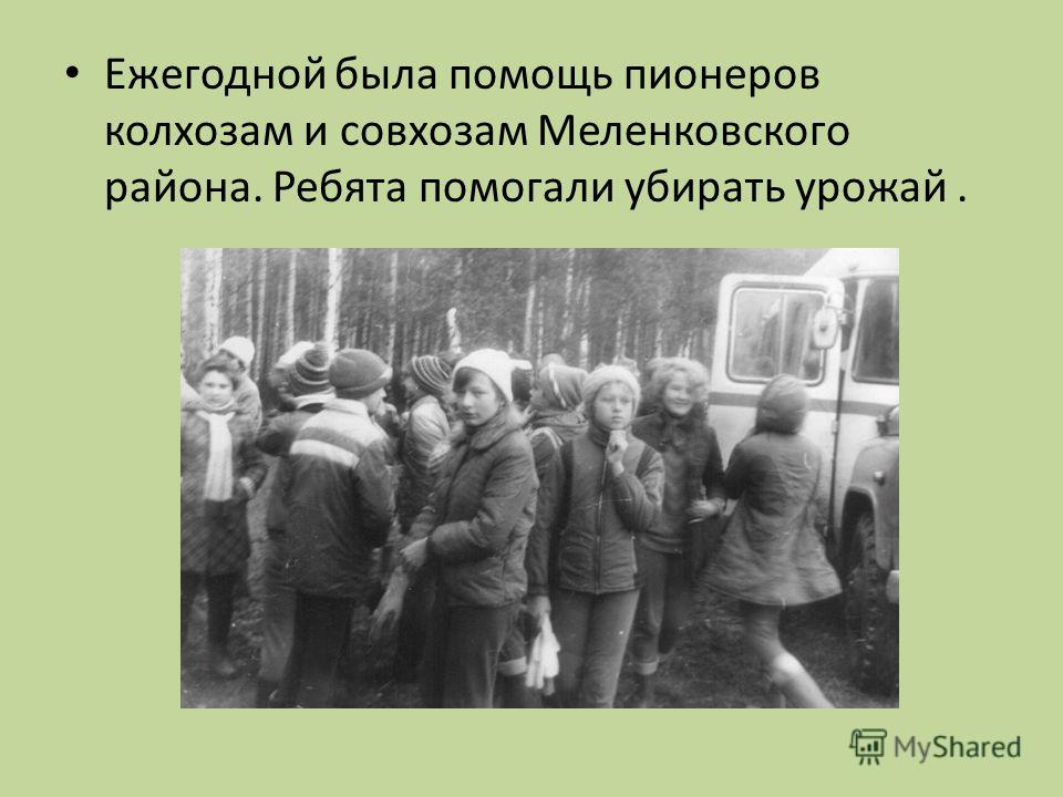 Ежегодной была помощь пионеров колхозам и совхозам Меленковского района. Ребята помогали убирать урожай.