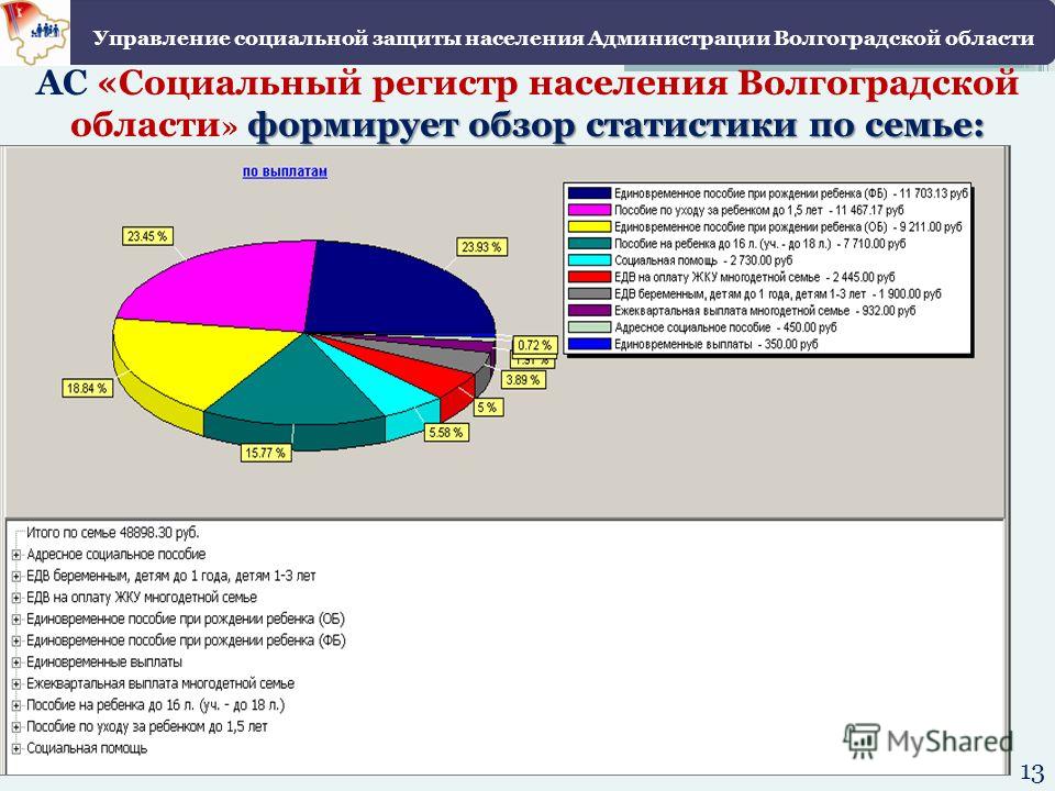 Управление социальной защиты населения Администрации Волгоградской области 13 формирует обзор статистики по семье: АС «Социальный регистр населения Волгоградской области » формирует обзор статистики по семье: