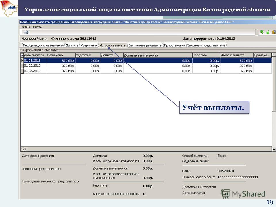 19 Учёт выплаты. Управление социальной защиты населения Администрации Волгоградской области