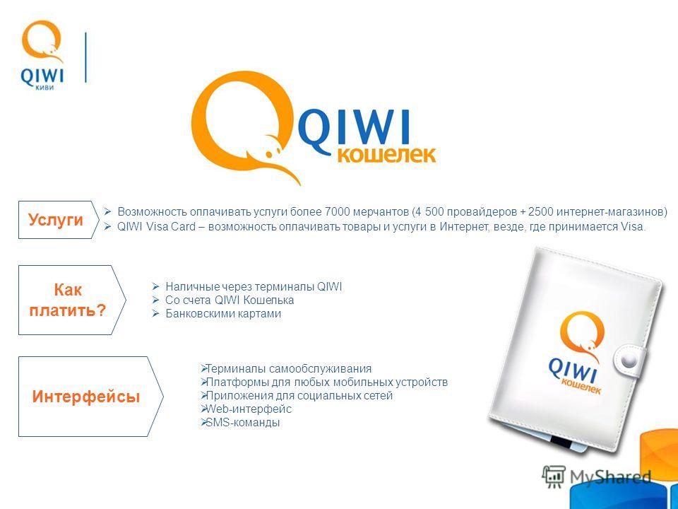 Услуги Возможность оплачивать услуги более 7000 мерчантов (4 500 провайдеров + 2500 интернет-магазинов) QIWI Visa Card – возможность оплачивать товары и услуги в Интернет, везде, где принимается Visa. Наличные через терминалы QIWI Со счета QIWI Кошел