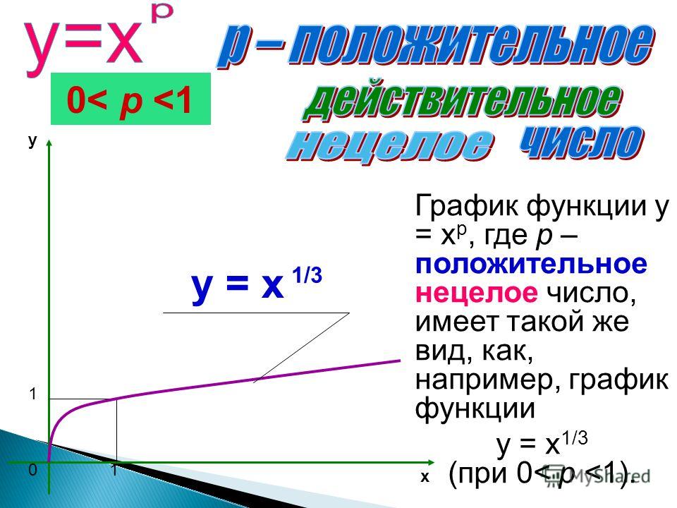 1 1 x y 0 y = x 1/3 График функции y = x р, где p – положительное нецелое число, имеет такой же вид, как, например, график функции y = x 1/3 (при 0< p 