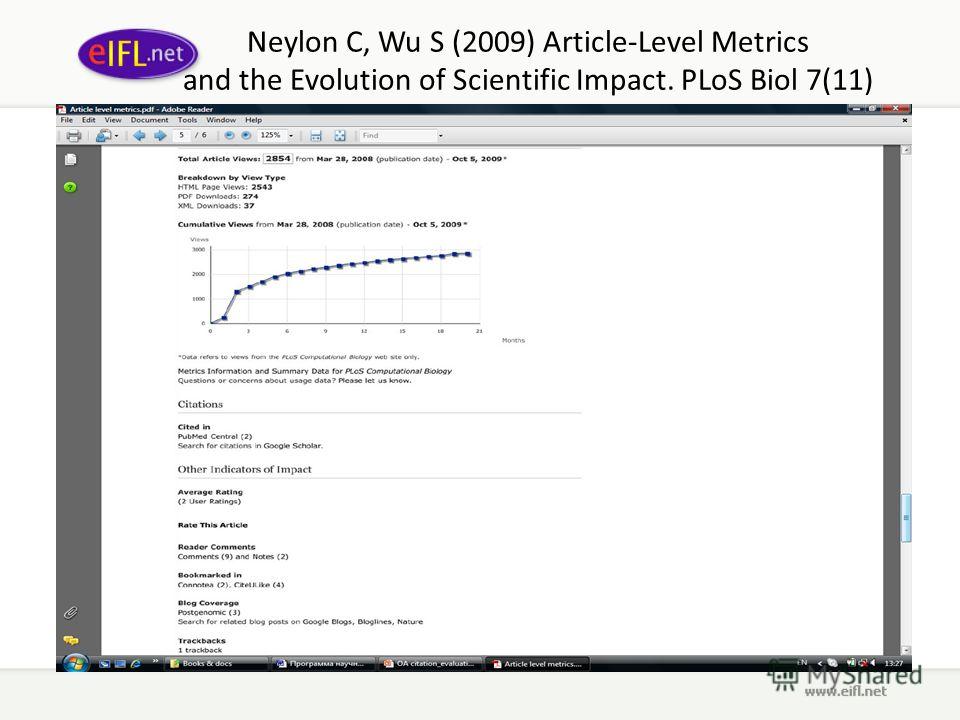 Neylon C, Wu S (2009) Article-Level Metrics and the Evolution of Scientific Impact. PLoS Biol 7(11)