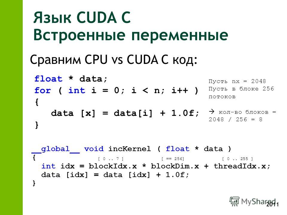 2011 Язык CUDA С Встроенные переменные Сравним CPU vs CUDA С код: __global__ void incKernel ( float * data ) { int idx = blockIdx.x * blockDim.x + threadIdx.x; data [idx] = data [idx] + 1.0f; } float * data; for ( int i = 0; i < n; i++ ) { data [x] =