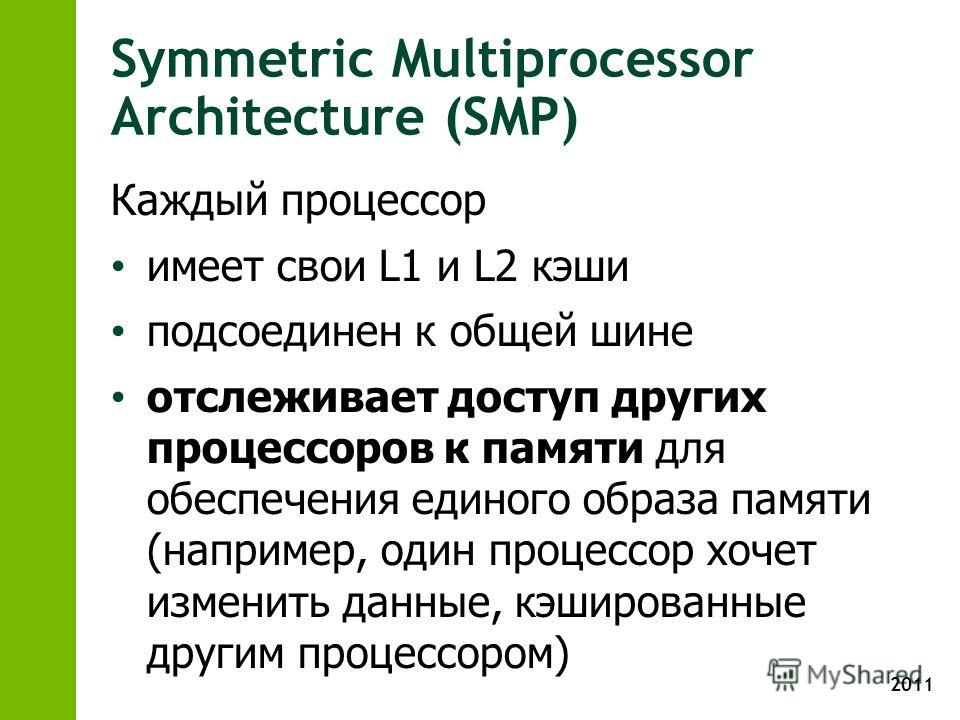 2011 Symmetric Multiprocessor Architecture (SMP) Каждый процессор имеет свои L1 и L2 кэши подсоединен к общей шине отслеживает доступ других процессоров к памяти для обеспечения единого образа памяти (например, один процессор хочет изменить данные, к
