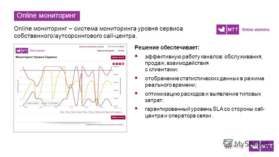 www.mtt.ru Online мониторинг Решение обеспечивает: эффективную работу каналов: обслуживания, продаж, взаимодействия с клиентами; отображение статистических данных в режиме реального времени; оптимизацию расходов и выявление типовых затрат; гарантиров