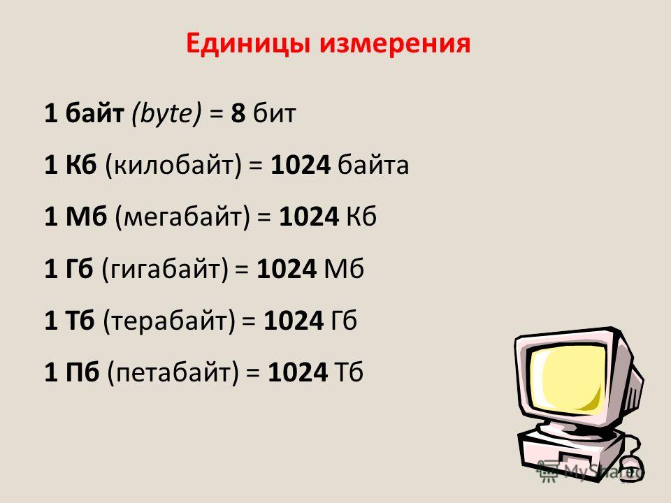 16 Единицы измерения 1 байт (bytе) = 8 бит 1 Кб (килобайт) = 1024 байта 1 Мб (мегабайт) = 1024 Кб 1 Гб (гигабайт) = 1024 Мб 1 Тб (терабайт) = 1024 Гб 1 Пб (петабайт) = 1024 Тб