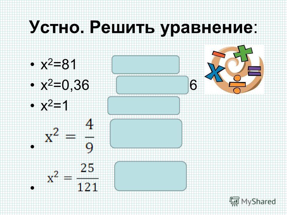 Устно. Решить уравнение: x 2 =81 х = 9; -9 x 2 =0,36 х = 0,6; -0,6 x 2 =1 х = 1; -1