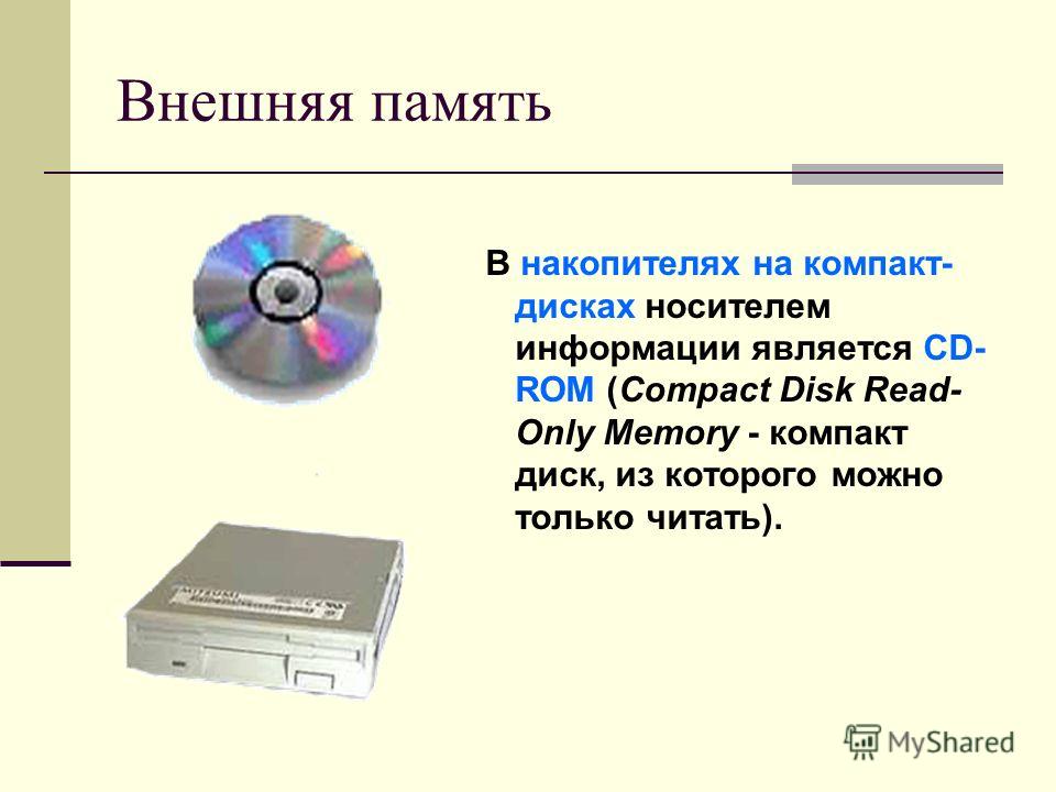 Внешняя память В накопителях на компакт- дисках носителем информации является CD- ROM (Сompact Disk Read- Only Memory - компакт диск, из которого можно только читать).