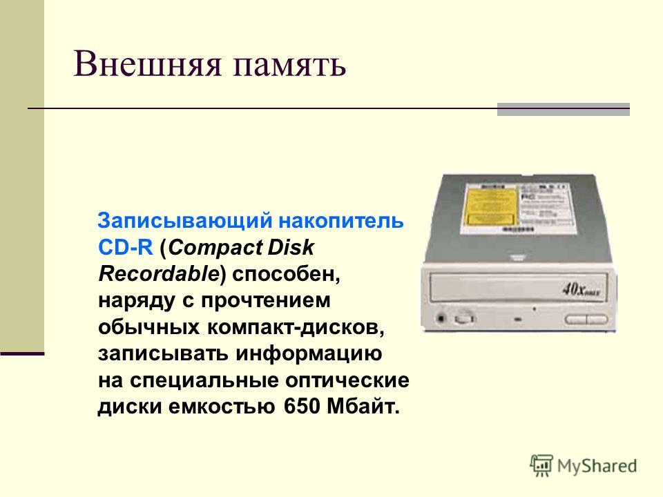 Внешняя память Записывающий накопитель CD-R (Compact Disk Recordable) способен, наряду с прочтением обычных компакт-дисков, записывать информацию на специальные оптические диски емкостью 650 Мбайт.