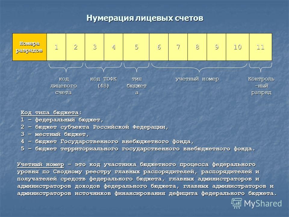 Схема обозначения лицевых счетов и их нумерации