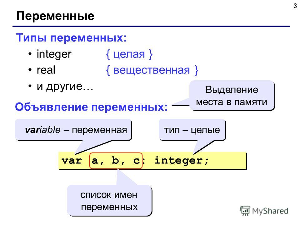 3 Переменные Типы переменных: integer{ целая } real{ вещественная } и другие… Объявление переменных: var a, b, c: integer; Выделение места в памяти variable – переменная тип – целые список имен переменных