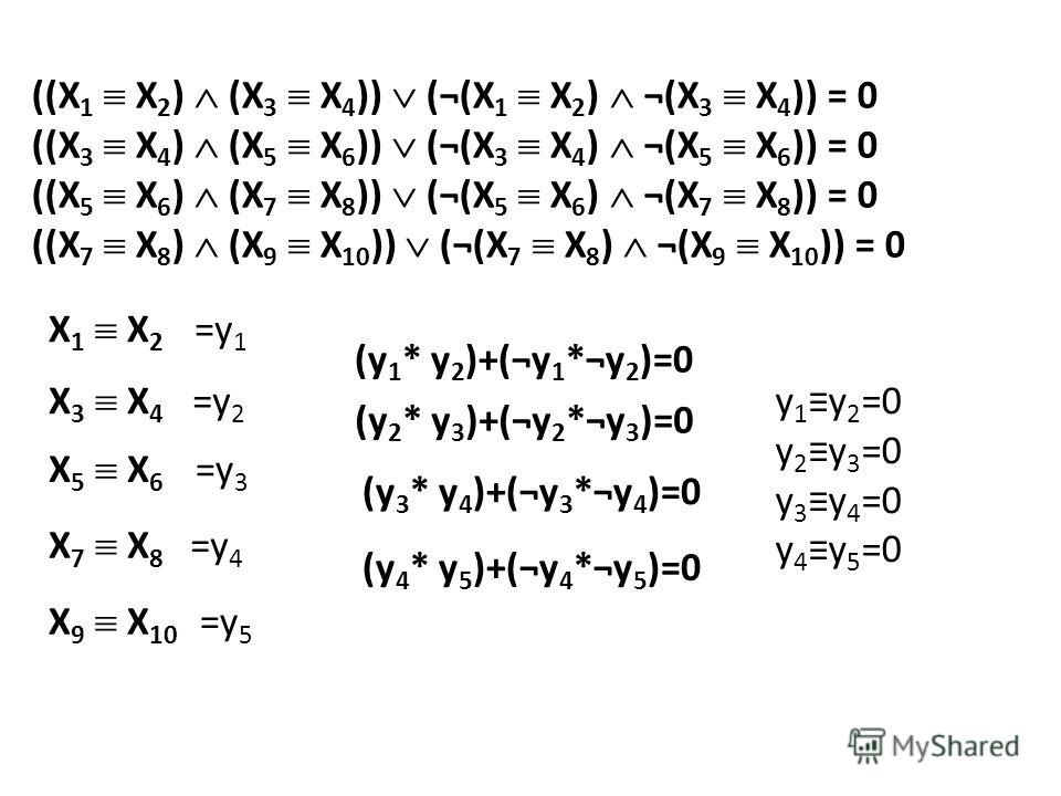 ((X 1 X 2 ) (X 3 X 4 )) (¬(X 1 X 2 ) ¬(X 3 X 4 )) = 0 ((X 3 X 4 ) (X 5 X 6 )) (¬(X 3 X 4 ) ¬(X 5 X 6 )) = 0 ((X 5 X 6 ) (X 7 X 8 )) (¬(X 5 X 6 ) ¬(X 7 X 8 )) = 0 ((X 7 X 8 ) (X 9 X 10 )) (¬(X 7 X 8 ) ¬(X 9 X 10 )) = 0 X 1 X 2 X 3 X 4 X 5 X 6 X 7 X 8 