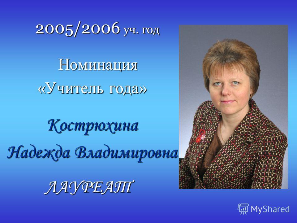2005/2006 уч. год Номинация Номинация «Учитель года» Кострюхина Надежда Владимировна ЛАУРЕАТ