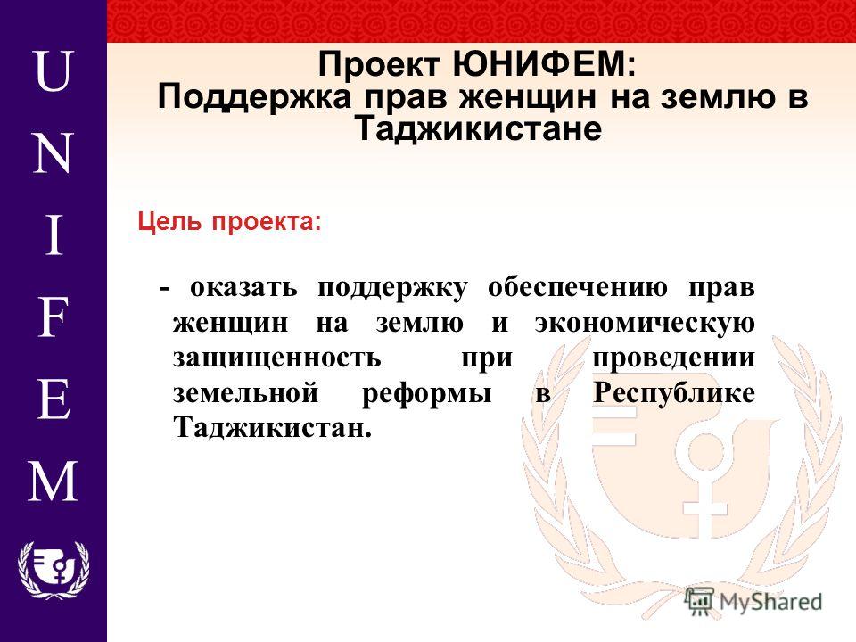 UNIFEMUNIFEM Цель проекта: - оказать поддержку обеспечению прав женщин на землю и экономическую защищенность при проведении земельной реформы в Республике Таджикистан. Проект ЮНИФЕМ: Поддержка прав женщин на землю в Таджикистане