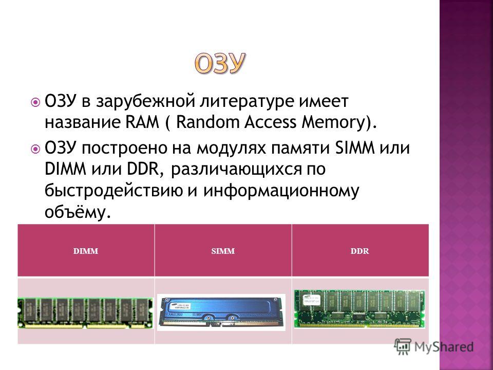 ОЗУ в зарубежной литературе имеет название RAM ( Random Access Memory). ОЗУ построено на модулях памяти SIMM или DIMM или DDR, различающихся по быстродействию и информационному объёму. DIMMSIMMDDR