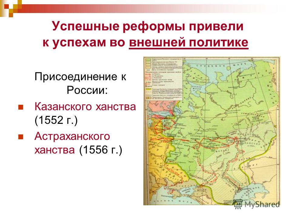Успешные реформы привели к успехам во внешней политике Присоединение к России: Казанского ханства (1552 г.) Астраханского ханства (1556 г.)