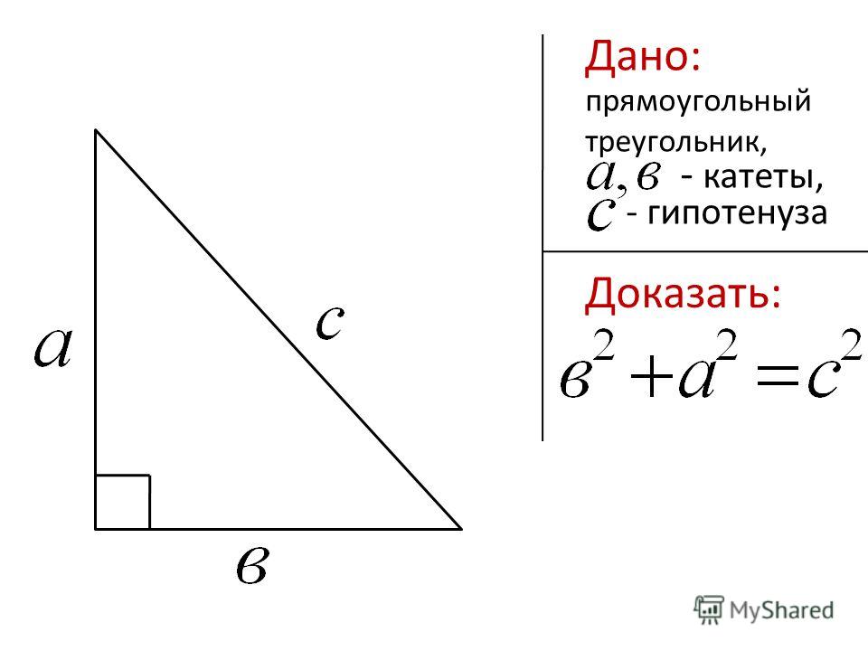 Дано: прямоугольный треугольник, - катеты, - гипотенуза Доказать: