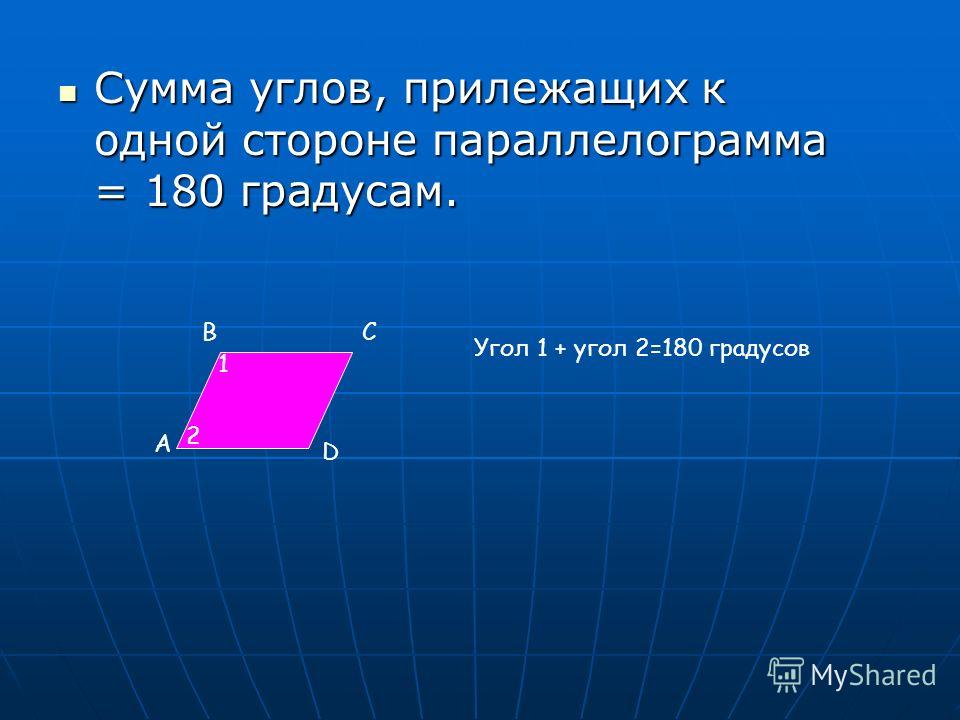 Сумма углов, прилежащих к одной стороне параллелограмма = 180 градусам. Сумма углов, прилежащих к одной стороне параллелограмма = 180 градусам. А ВС D 1 2 Угол 1 + угол 2=180 градусов