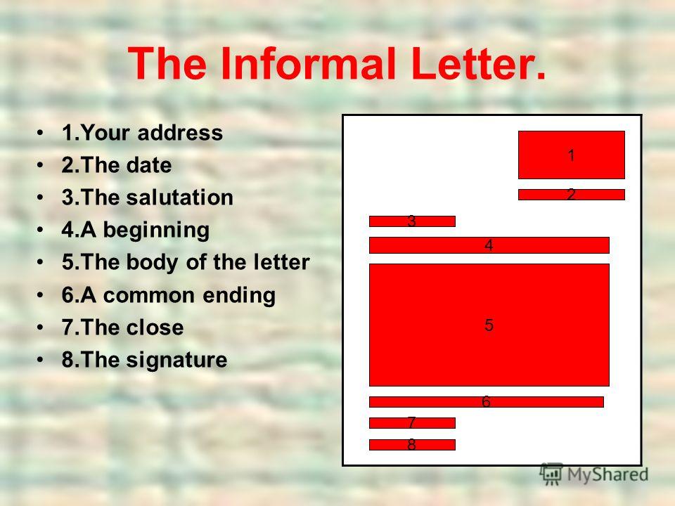 The Informal Letter. 1.Your address 2.The date 3.The salutation 4.A beginning 5.The body of the letter 6.A common ending 7.The close 8.The signature 1 2 3 4 5 6 7 8