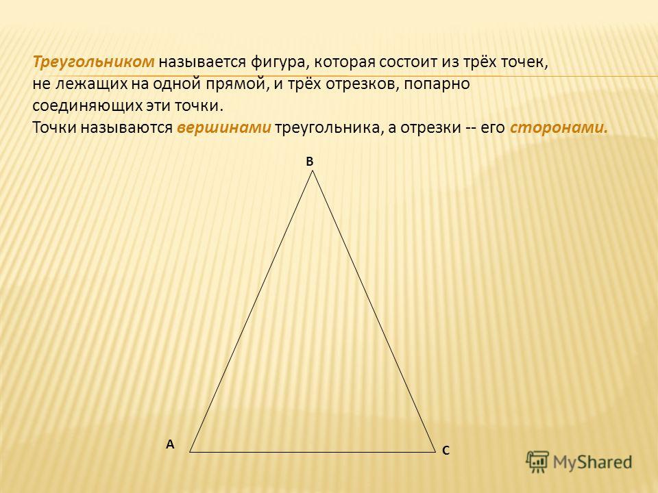Треугольником называется фигура, которая состоит из трёх точек, не лежащих на одной прямой, и трёх отрезков, попарно соединяющих эти точки. Точки называются вершинами треугольника, а отрезки -- его сторонами. А В С