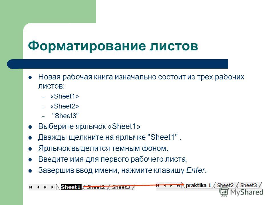 Форматирование листов Новая рабочая книга изначально состоит из трех рабочих листов: – «Sheet1» – «Sheet2» – 