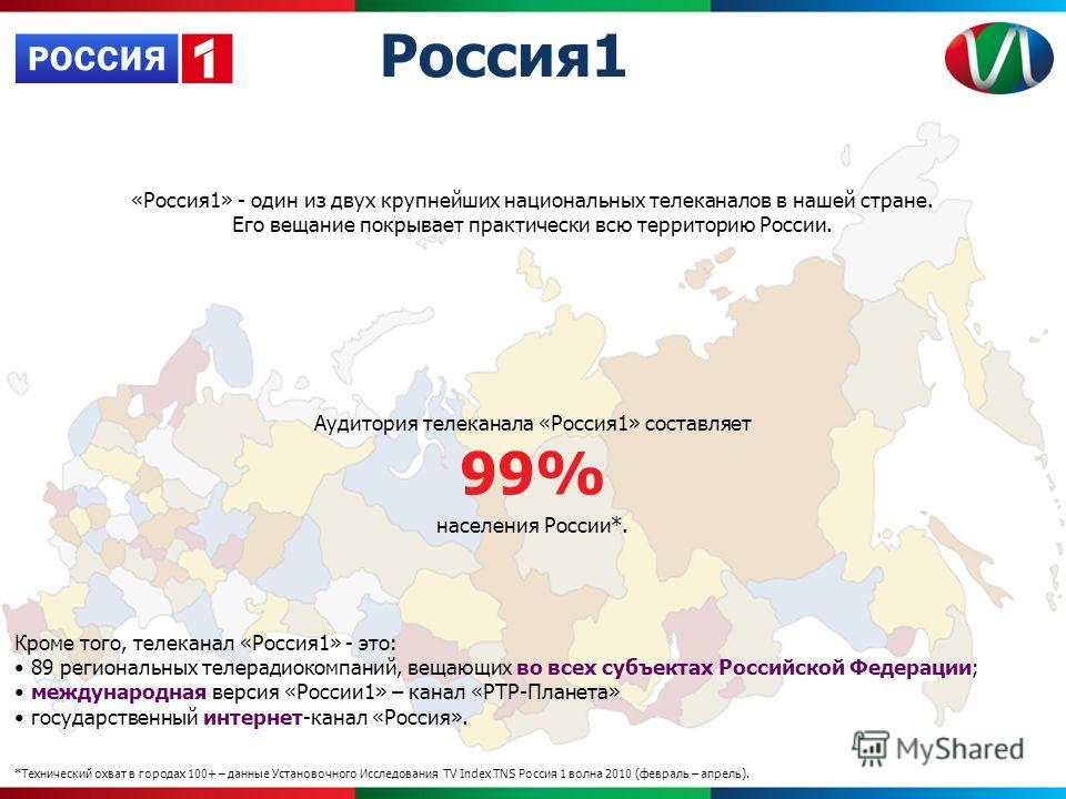 «Россия1» - один из двух крупнейших национальных телеканалов в нашей стране. Его вещание покрывает практически всю территорию России. Аудитория телеканала «Россия1» составляет 99% населения России*. Кроме того, телеканал «Россия1» - это: 89 региональ