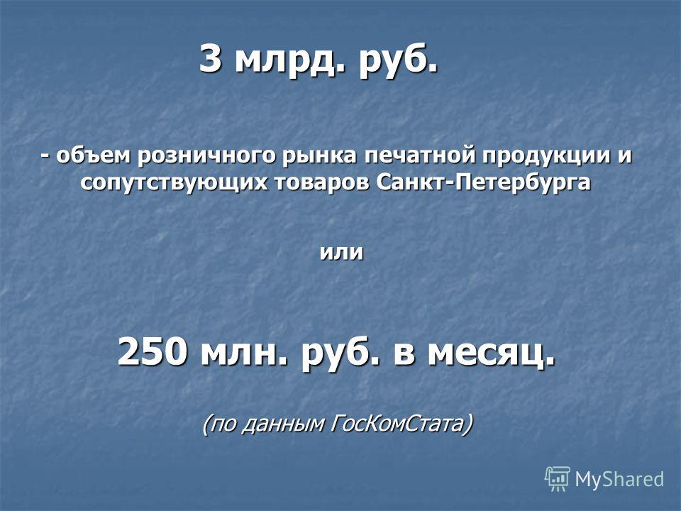 - объем розничного рынка печатной продукции и сопутствующих товаров Санкт-Петербурга 3 млрд. руб. или 250 млн. руб. в месяц. (по данным ГосКомСтата)