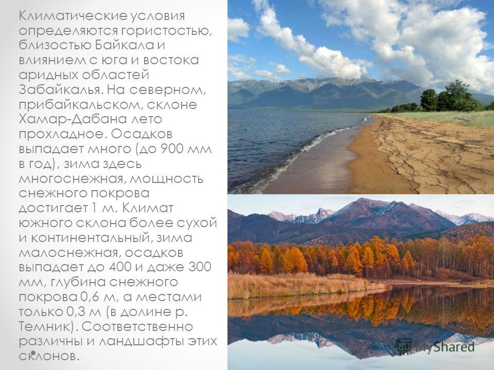 Климатические условия определяются гористостью, близостью Байкала и влиянием с юга и востока аридных областей Забайкалья. На северном, прибайкальском, склоне Хамар-Дабана лето прохладное. Осадков выпадает много (до 900 мм в год), зима здесь многоснеж
