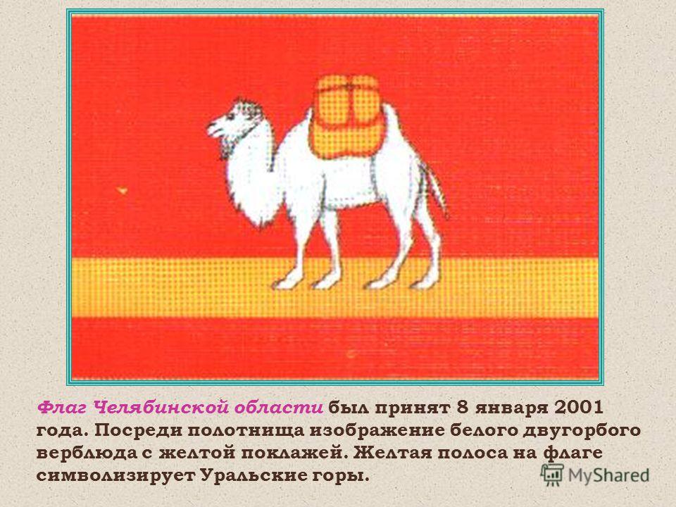 Герб Челябинской области был принят 8 января 2002 года. На красном поле серебряный двугорбый верблюд с золотой поклажей. Красный цвет поля обозначает труд металлургов, машиностроителей, литейщиков и энергетиков. Золото в гербе показывает южноуральску