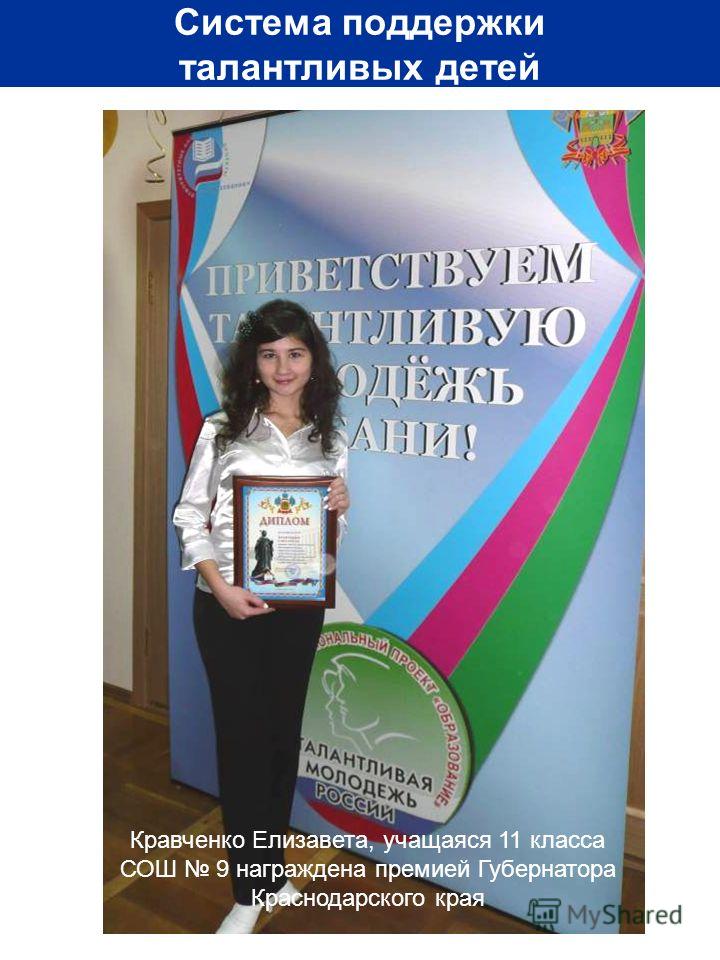 Система поддержки талантливых детей Кравченко Елизавета, учащаяся 11 класса СОШ 9 награждена премией Губернатора Краснодарского края