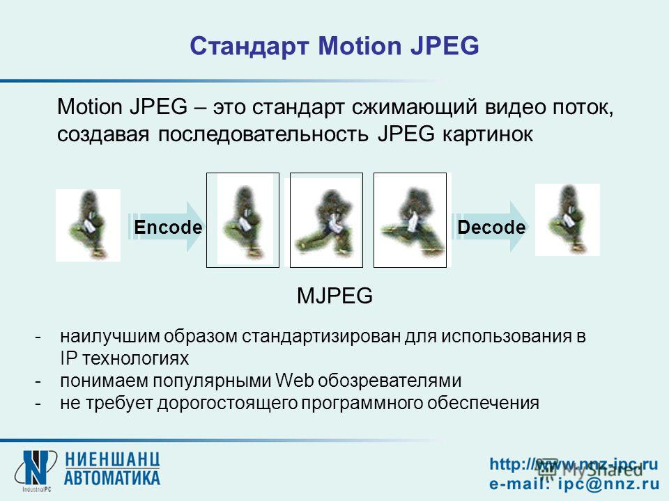 MJPEG EncodeDecode Стандарт Motion JPEG Motion JPEG – это стандарт сжимающий видео поток, создавая последовательность JPEG картинок -наилучшим образом стандартизирован для использования в IP технологиях -понимаем популярными Web обозревателями -не тр