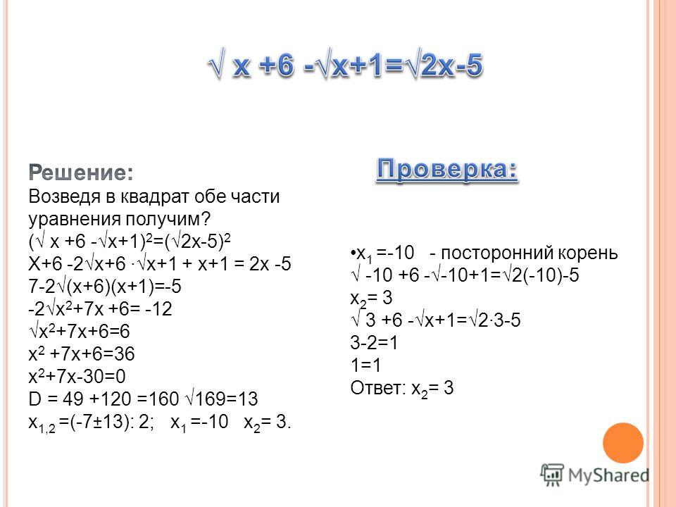 x 1 =-10 - посторонний корень -10 +6 --10+1=2(-10)-5 x 2 = 3 3 +6 -x+1=23-5 3-2=1 1=1 Ответ: x 2 = 3