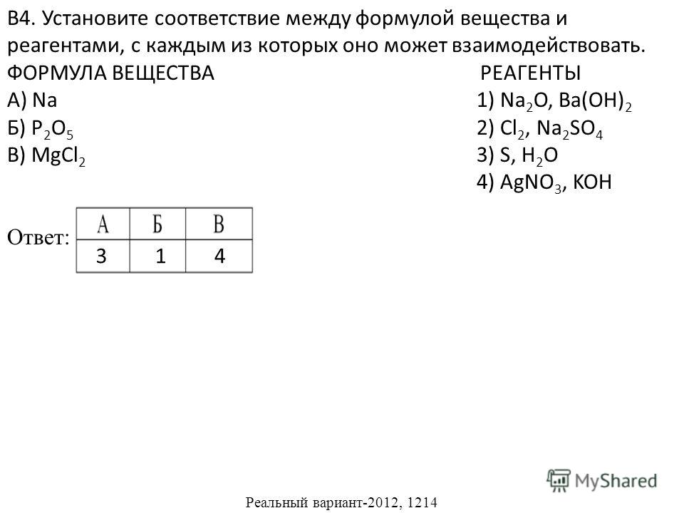 В4. Установите соответствие между формулой вещества и реагентами, с каждым из которых оно может взаимодействовать. ФОРМУЛА ВЕЩЕСТВА РЕАГЕНТЫ А) Na 1) Na 2 O, Ba(OH) 2 Б) P 2 O 5 2) Cl 2, Na 2 SO 4 В) MgCl 2 3) S, H 2 O 4) AgNO 3, KOH Ответ: Реальный 