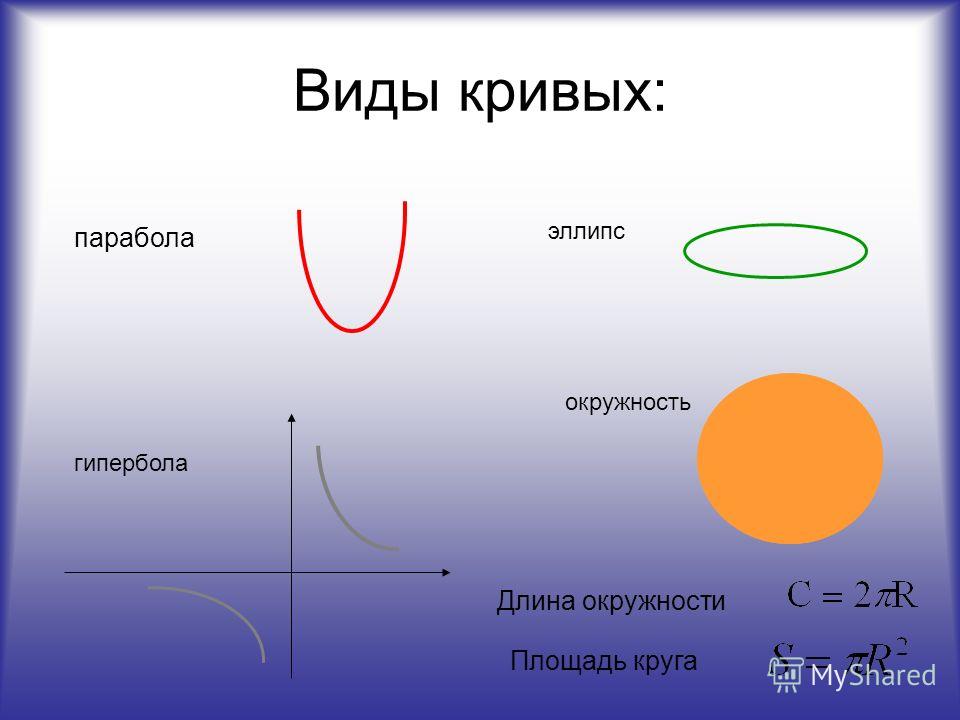 Виды кривых: парабола эллипс гипербола окружность Длина окружности Площадь круга