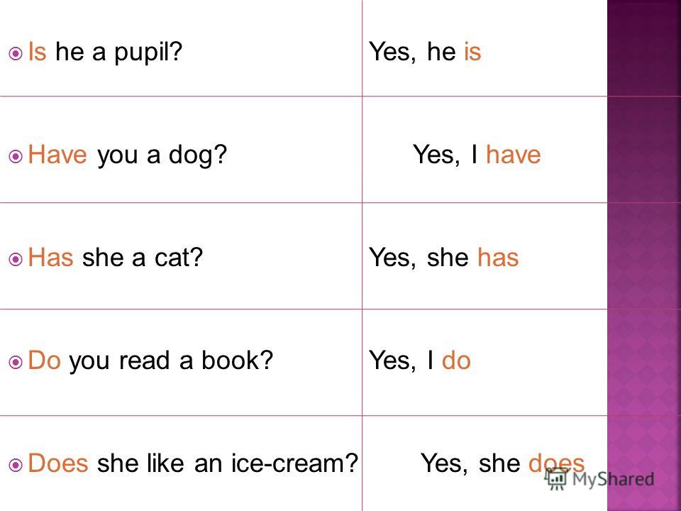 Is he a pupil? Yes, he is Have you a dog? Yes, I have Has she a cat? Yes, she has Do you read a book? Yes, I do Does she like an ice-cream? Yes, she does
