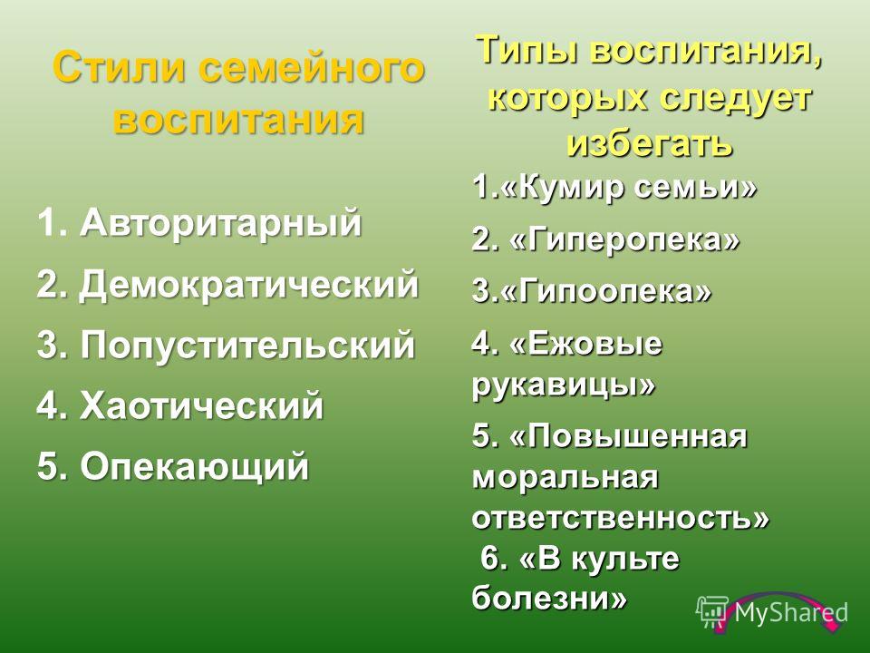 Типы семейных отношений и стили семейного воспитания Типы семейных отношений и стили семейного воспитания